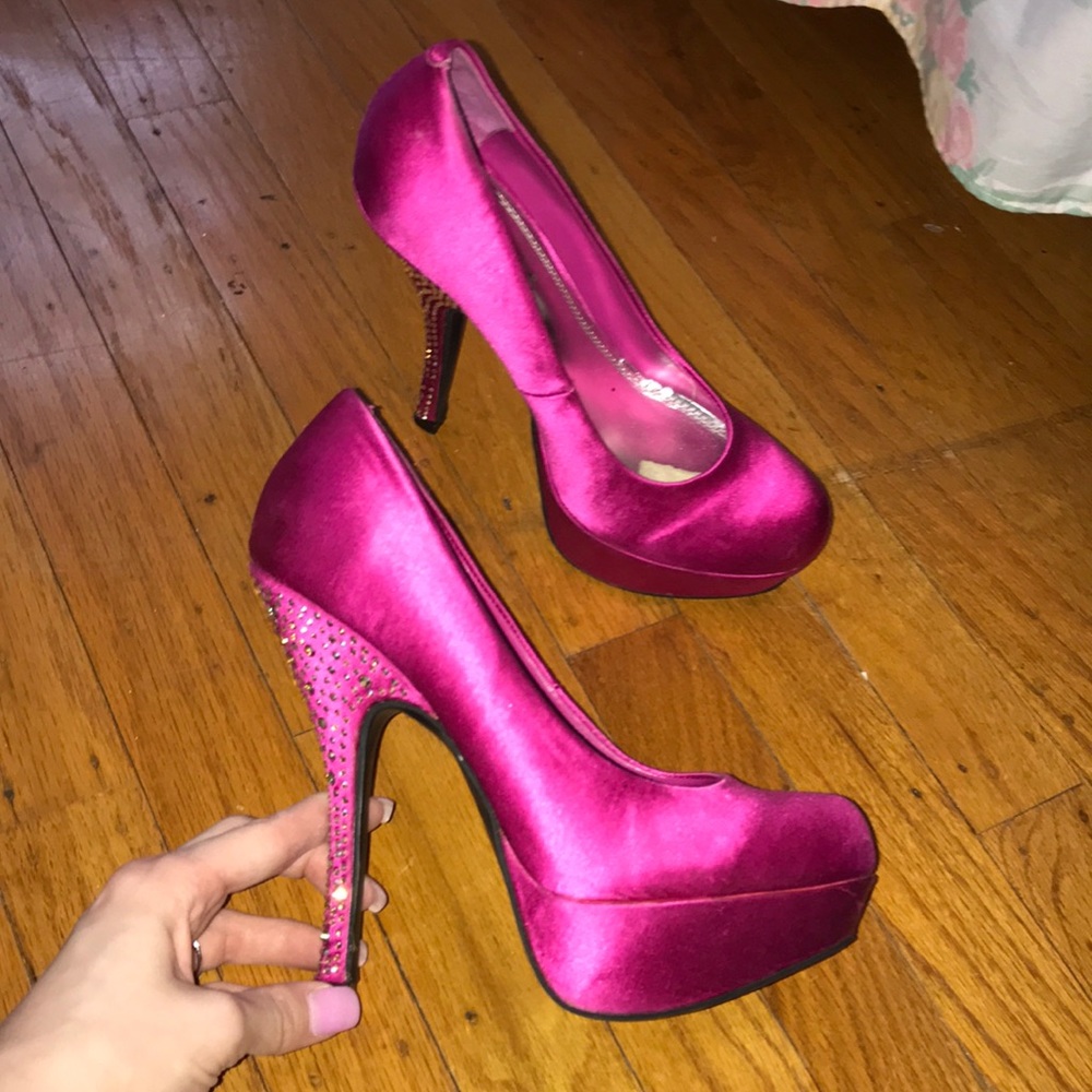 Hot Pink Satin Heels with Gems